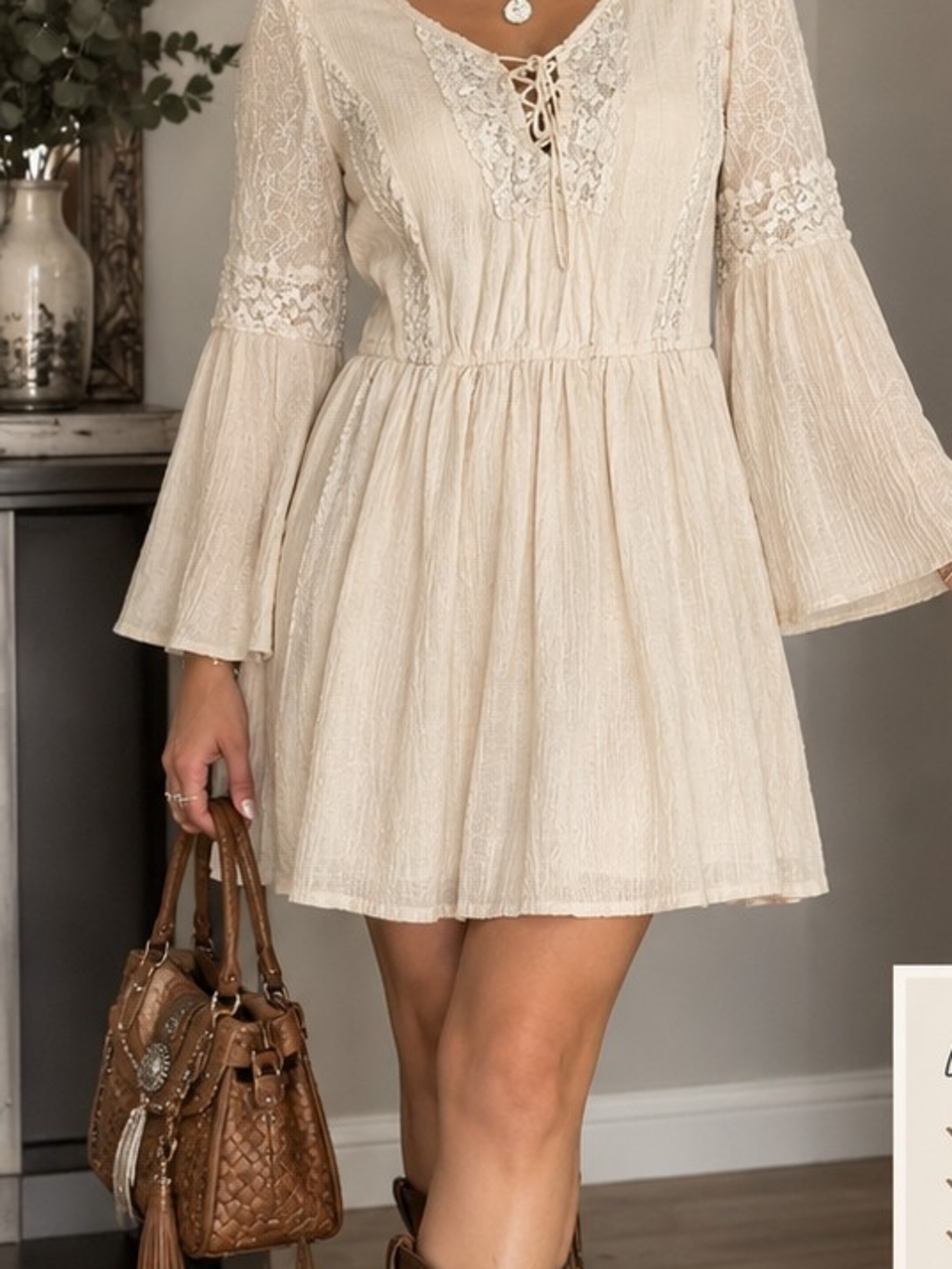 AMERICAN EAGLE Boho Lace-Trim Bell Sleeve Dress in Cream
